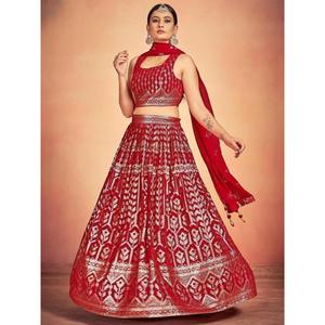 ชุดผ้าจอร์เจียประดับเลื่อมสีแดงสวยชุดเจ้าบ่าวชุด lehenga choli กับ dupatta - Product Image 5