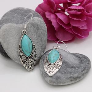 Nikhil Gems NG-033 Antique Silver Peace Pattern Turquoise Drop <b>Earrings</b> 925 Sterling Silver Handmade Gemstone Jewelry Trendy - Product Image 2