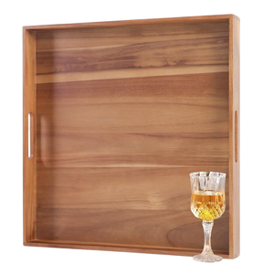 Plateau carré en bois d'acacia fait à la main avec poignées pour servir ou usage décoratif dans la cuisine, la salle à manger ou l'espace ferme - Product Image 1