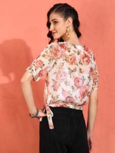 Chemisier élégant pour femme en mousseline à imprimé floral, col et manches bouffantes, boutonné, léger et confortable, idéal pour l'été et le quotidien - Product Image 4