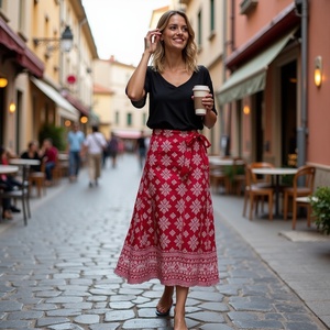 Hecho a mano por mujeres artesanas elegante bohemio gitano estampado Floral rojo rosa copo de nieve falda descendente Casual ropa de todo el día para niñas - Product Image 5