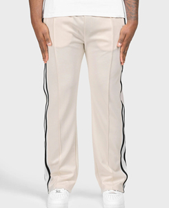 Pantalones de Pierna Recta Color Beige de Primera Calidad con Rayas Laterales, Corte Holgado, Cintura Elástica, Estilo Casual, Tejido Entrecruzado, Estilo Primavera - Product Image 1