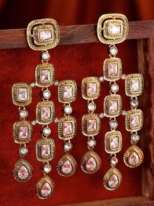 Luxury Indian Designer Kashmiri Gold Plated Zinc Alloy Women's Earrings Dangler Traditional Geometric Ethnic Long Crystal - Product Image 2