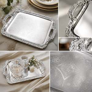Plateau décoratif rectangulaire couleur argent avec motif floral gravé, design traditionnel, poignée pour usage de mariage - Product Image 4