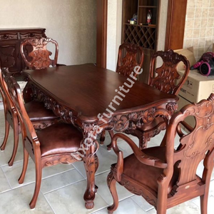 Luxury Handcrafted Solid Wood 6 Seater Dining <b>Table</b> Set Ornate Floral Carving Premium <b>Walnut</b> Finish - Product Image 3