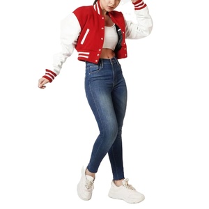 Veste universitaire rouge et blanche pour femme, manches longues, col boutonné, longueur normale, couleur contrastée, 100% laine, vêtements d'hiver chauffants - Product Image 3