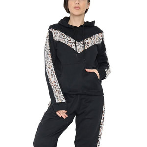 Ensemble de survêtement à capuche imprimé léopard pour femmes, noir, manches longues, coupe ample décontractée avec poches latérales, tenue d'automne - Product Image 4