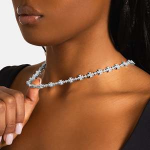 UrbanVrit Women's 925 <b>Silver</b> Rhodium Plated Zircon Star <b>Choker</b> Necklace Luxury Party Jewelry Brilliant Cut Prong Setting Chain - Product Image 4