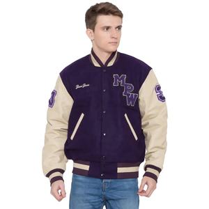 Veste de grande taille pour hommes, violet foncé et crème, manches en cuir de vachette véritable, veste universitaire Letterman de baseball personnalisée - Product Image 1