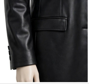 <b>Women's</b> Black Faux Leather Trench <b>Coat</b> Long Sleeve Double Breasted - Product Image 5