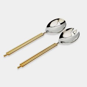 Custom Design Stainless Steel Spoon & Fork Set With Brass <b>Gold</b> Handle for Home & Hotels Tableware Salad Server Sets - Product Image 1
