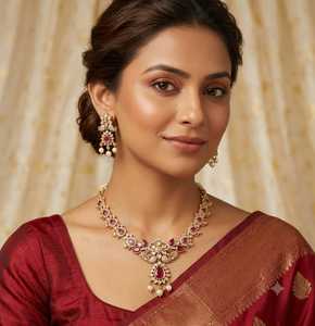 Luxury <b>Ruby</b> AD Polki <b>Necklace</b> Set with Pear Cut Floral Pendant Gold Finish Wedding Party Jewelry for Women Set - Product Image 3