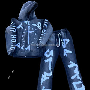 Parche bordado con apliques de letras personalizadas, apilados y pantalones acampanados jersey con capucha, chándal térmico para hombres - Product Image 3