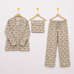 Conjunto de Pijama de Algodón para Mujer, Estampado Floral, Ropa de Dormir, Conjunto de Tres Piezas Tejidas - Product Image 1