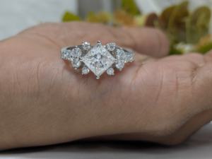 2.65 Ct Princess Cut Moissanite Cluster Vintage Style Engagement Ring, <b>Diamond</b> Wedding <b>Jewelry</b>, Solid 14k White Gold Ring - Product Image 3