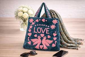 Jaif Textiles Embroidered Velvet Tote <b>Bag</b> Suzani Style <b>Boho</b> Shoulder <b>Bag</b> Love Birds Floral Design Cotton Lining Open Closure - Product Image 2