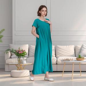 Vestido Maxi de Lino y Algodón Turquesa para Mujer, Cuello Redondo, Corte Holgado, Estilo Casual de Verano - Product Image 3