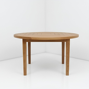 Table à manger ronde en teck naturel avec plateau à lattes géométriques, mobilier hôtelier pour projets d'hôtels, de resorts et de restaurants, Jepara, Indonésie - Product Image 2
