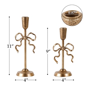 Paire de bougeoirs artisanaux en or avec nœud en ruban – Supports de bougies coniques en métal texturé pour dîners romantiques et cheminées - Product Image 4