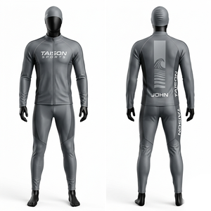 Traje de baño deportivo premium de poliéster y spandex de 220 GSM, gris, de manga larga, con diseño de paneles y logotipo personalizado por transferencia térmica. - Product Image 1