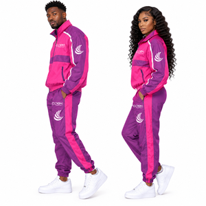 Unisex Tracksuit Set Pink Purple Color Block Sporty Full <b>Zip</b> Windbreaker <b>Joggers</b> <b>with</b> Side <b>Pockets</b> and Logo Print - Product Image 4