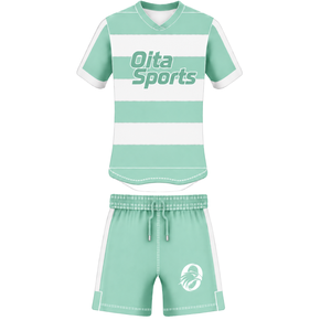 Conjunto de Uniforme de Rugby Verde Menta y Blanco de Manga Corta, Jersey de Rugby a Rayas con Cuello Redondo, Pantalones Cortos con Cordón, Ropa Deportiva para Entrenamiento - Product Image 1