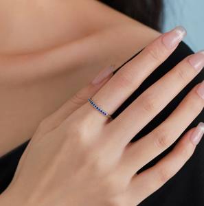 Sapphire Blue Half Eternity <b>Ring</b> in Sterling <b>Silver</b> Gold Plated Luxury Claw Setting CZ Wedding Minimalist Skinny <b>Stacking</b> <b>Ring</b> - Product Image 4