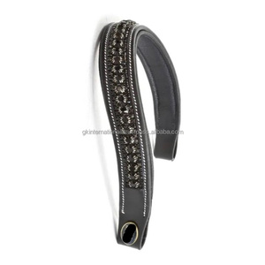 Frontal de cheval en cuir anglais noir décoratif, avec surpiqûres blanches personnalisées, rembourrage doux en cuir de vache et cristaux strass. - Product Image 2