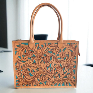 Sac fourre-tout en cuir artisanal pour femmes, sac à main en cuir véritable à motifs floraux avec poignée supérieure - Product Image 3