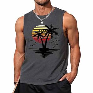 Camiseta sin mangas gris para hombre con estampado de palmeras y puesta de sol, cuello redondo, informal, transpirable, ropa deportiva - Product Image 6