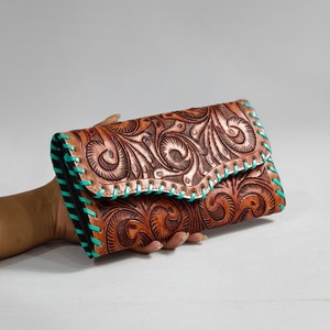 Real Genuine <b>Leather</b> Clutch Hand <b>Tooled</b> Floral Carving Wallet Vintage Multi Uses Credit Cards Cash Wallet Gifts For Women Use - Product Image 5