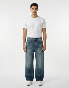 MEESAM LEATHER HOSIERY Jeans de mezclilla unisex 100% algodón de secado rápido, cintura alta, peso pesado, estilo vintage, corte regular, rectos, con relieve - Product Image 1