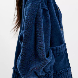 Cárdigan de punto para mujer con manga globo, azul, casual, frente abierto, cuello redondo, cierre de botones, tejido con puntada inversa - Product Image 4