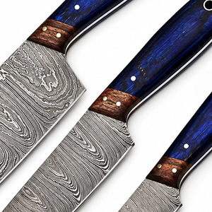 Ensemble de 3 couteaux de cuisine à motif Damas avec manches en bois bleu royal et lames argentées pour le chef, la découpe et la préparation des aliments - Product Image 6