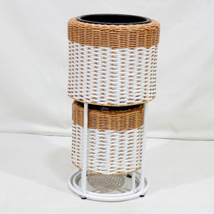 Modern Rattan Flower Stand Set with White Metal Frame Indoor Plant <b>Pot</b> Holder Circular Design Minimalist Style - Product Image 1