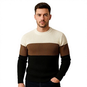 Pull en maille côtelé à col rond pour homme, coupe ajustée, color block, rayé, décontracté, chaud, pour l'hiver, tricot tendance pour homme - Product Image 1