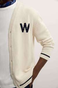 Seebi Sports Men's Cream Wool Acrylic V-neck <b>Thick</b> <b>Cardigan</b> Full Sleeve Button Closure Letter W Logo Winter Wear - Product Image 4