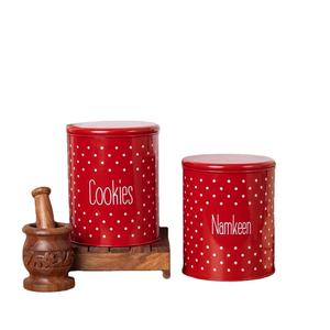 Vintage Decorative Round Metal Tin Container for <b>Kitchen</b> Pantry <b>Storage</b> Set of 2 Red White Polka Dot Cookie Jar <b>Storage</b> Canister - Product Image 1