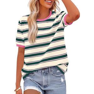 T-shirt d'été pour femme à manches courtes, rayé, col rond, color block, style Y2K, coupe ample, léger, basique, tendance printemps - Product Image 1