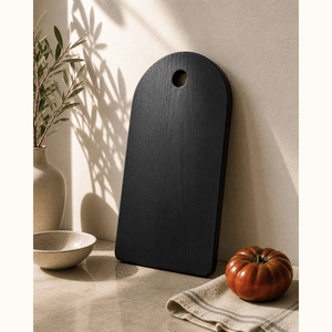 Sleek Matte <b>Black</b> Wooden Chopping <b>Board</b> Features Elegant Arched shaped Silhouette Top Integrated Hanging Hole For Cutting vegies - Product Image 4