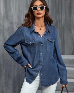 Camisa vaquera para mujer, estilo crop con nudo, manga larga, abotonada, lavada, color liso, top casual, corte regular, primavera-verano, estilo urbano - Product Image 1