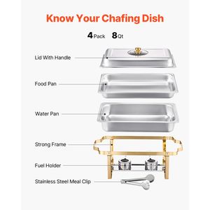 Set da Buffet in Acciaio Inossidabile da 8 Qt, 4 Pezzi, con Scaldavivande Rettangolare Manuale a Temperatura Controllata e Coperchio in Vetro - Product Image 5