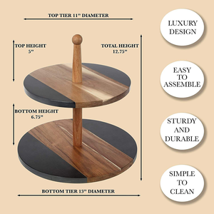 Support à gâteau en marbre noir et bois d'acacia à 2 niveaux, plateau de service, présentoir à desserts pour banquet, vaisselle de fête - Product Image 4