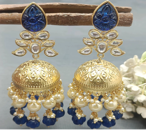 Boucles d'oreilles pendantes en laiton plaqué or avec fleurs en moissanite, style Jhumki, tendance et élégantes pour femmes, pour fiançailles, SKU KE 017 DK C9 - Product Image 1