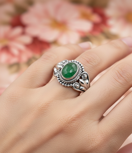 Natural <b>Emerald</b> 925 Sterling <b>Silver</b> Handmade Vintage Boho <b>Ring</b> Oval Cabochon Gemstone Floral Filigree Statement Jewelry for Men - Product Image 2
