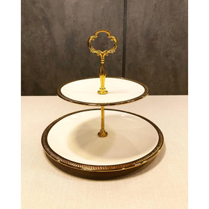 Soporte de Pastel de Metal de Dos Niveles, Calidad Premium, Redondo, Blanco con Borde Dorado, Aspecto Atractivo, Bandeja para Exhibición de Postres, de la India - Product Image 1