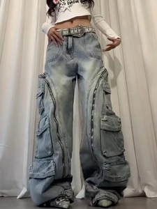 High Waist Stonewashed Cargo Pants <b>Women</b> Loose Fit Full Length Streetwear Denim <b>Trousers</b> With Multiple Pockets Zipper Fly - Product Image 2