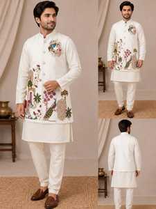 <b>Men's</b> Navy Blue Embroidered <b>Vest</b> With <b>White</b> Kurta Regular Fit Traditional Wear India Pakistan Style Wedding All Seasons - Product Image 2