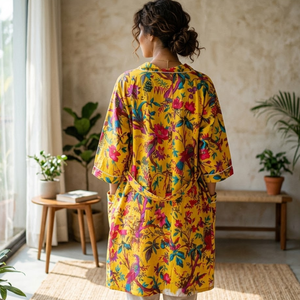 Robe kimono en coton bleu turquoise style bohème |   Robe de chambre à manches longues et col en V pour femme |   Robe longue avec cordon de serrage et poche avant, modèle maître - Product Image 6