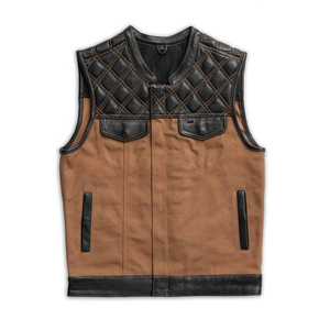 Chaleco de lona marrón para hombre con ribete de cuero acolchado, cuello redondo, sin mangas, estilo motero, para otoño - Product Image 3